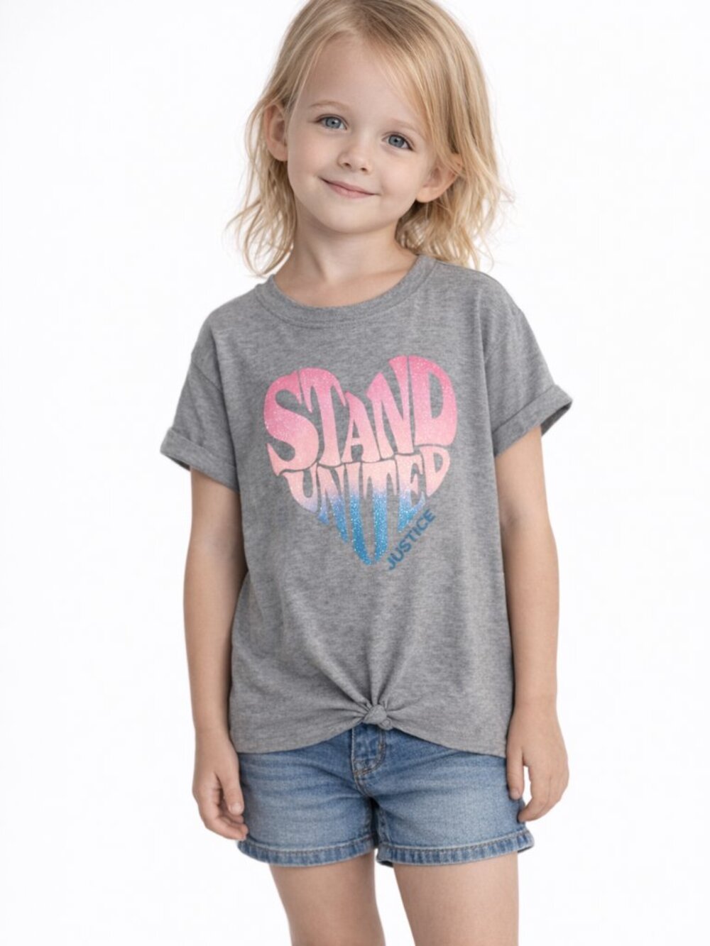 Justice Girls Stand United Graphic Cuffed Short Sleeve Tee Grey Size S (7/8)